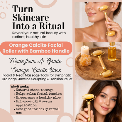 Orange Calcite Facial Roller – Bamboo Handle, Natural Stone Skincare
