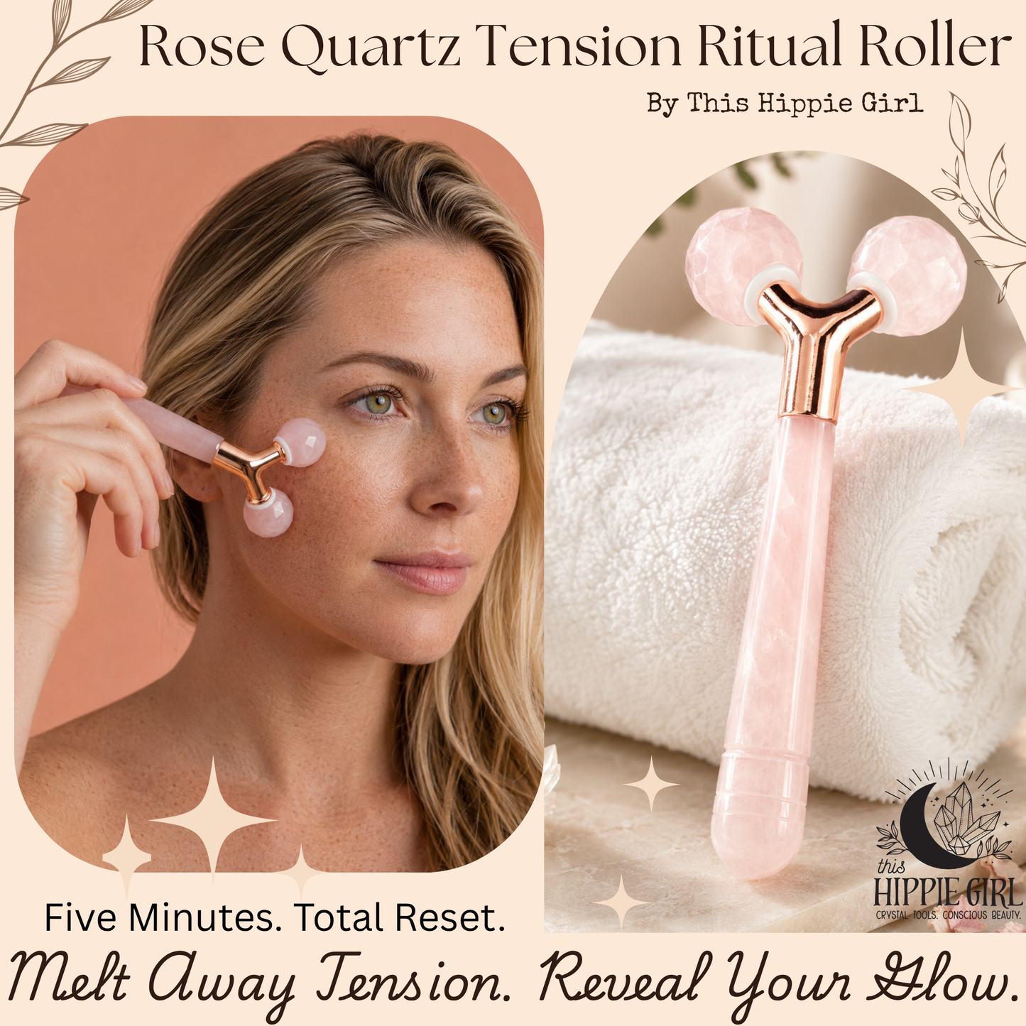 Rose Quartz Tension Ritual™ Roller – 3D Faceted Crystal Facial Massage Roller for Face & Neck, Lymphatic Drainage, Jawline Sculpting, Puffiness Relief, Rose Gold Alloy