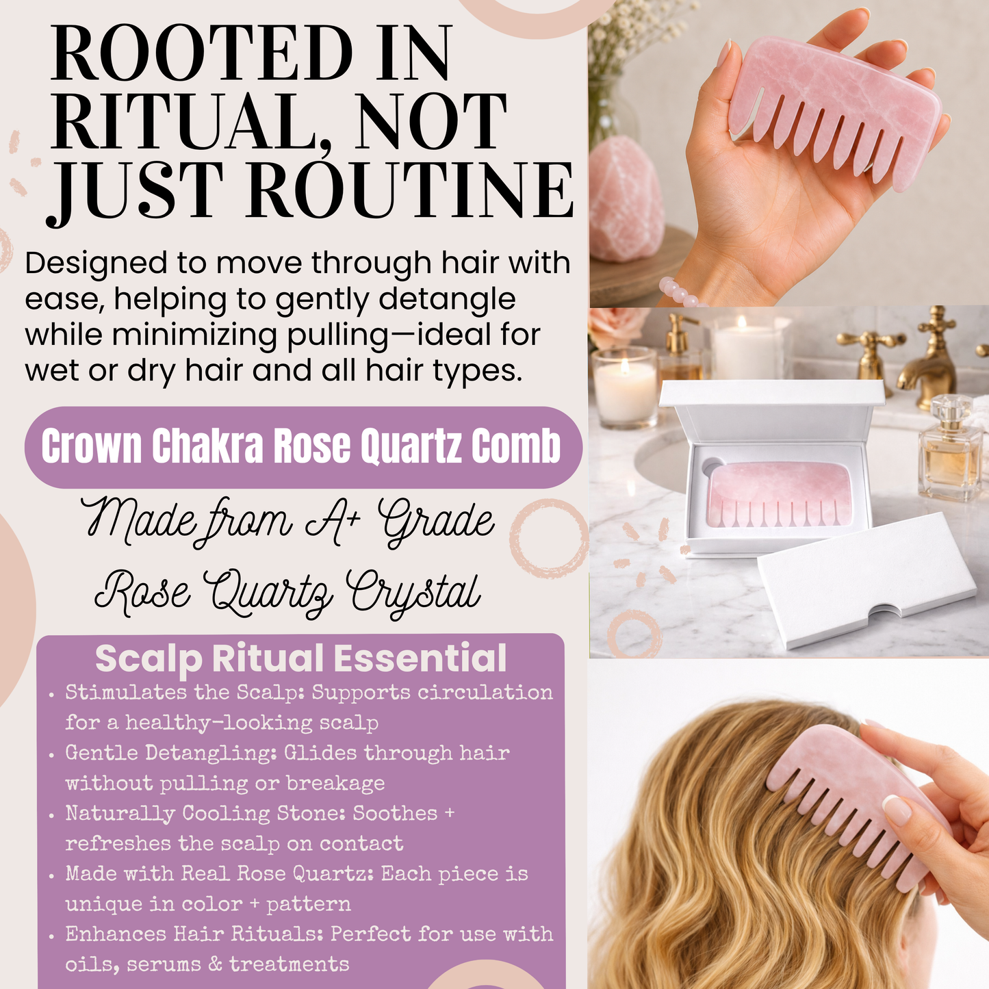 Crown Chakra Rose Quartz Comb | Crystal Scalp Massage Comb | Wide Tooth Detangling Comb | Rose Quartz Hair Comb | Self Care Hair Ritual Tool