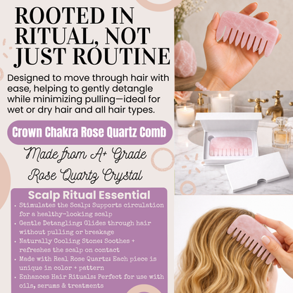 Crown Chakra Rose Quartz Comb | Crystal Scalp Massage Comb | Wide Tooth Detangling Comb | Rose Quartz Hair Comb | Self Care Hair Ritual Tool