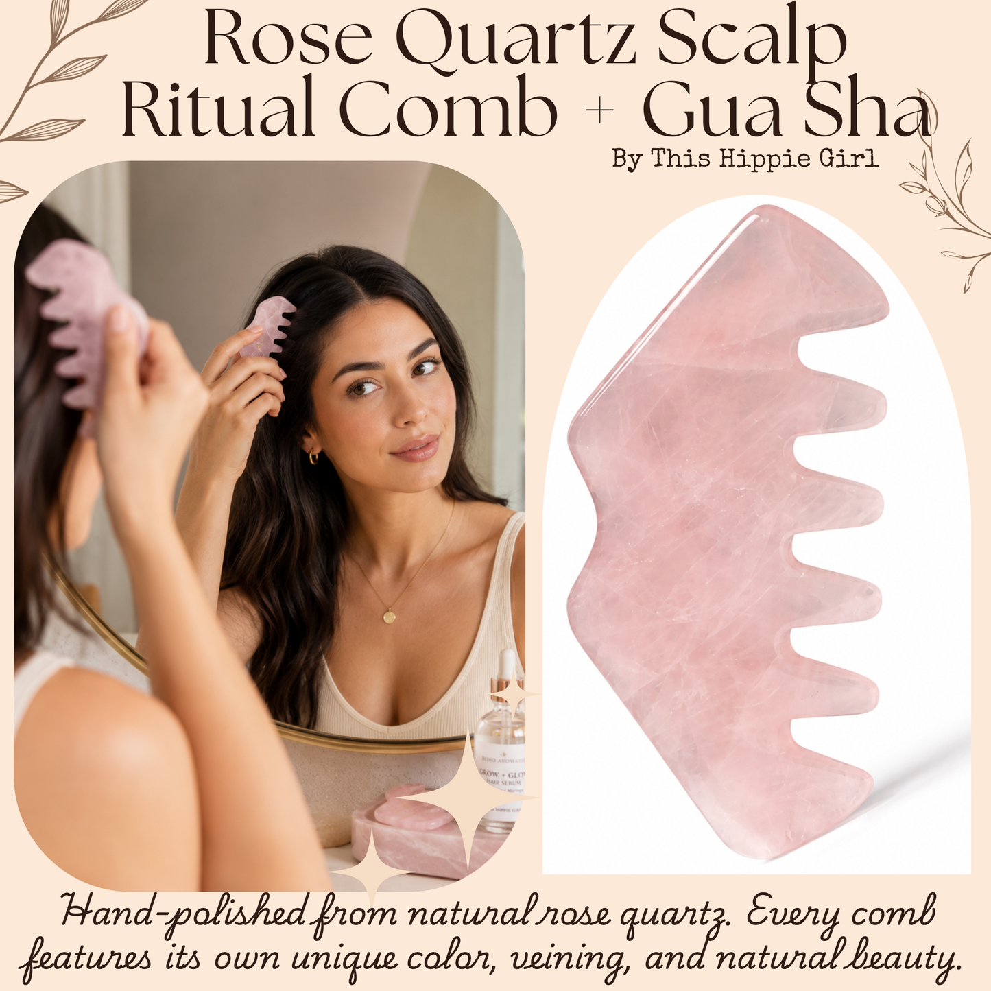 Rose Quartz Scalp Ritual™ Comb + Gua Sha – 2-in-1 Crystal Scalp Massager & Facial Gua Sha Tool for Scalp Massage, Facial Sculpting, Self-Care & Skincare Rituals