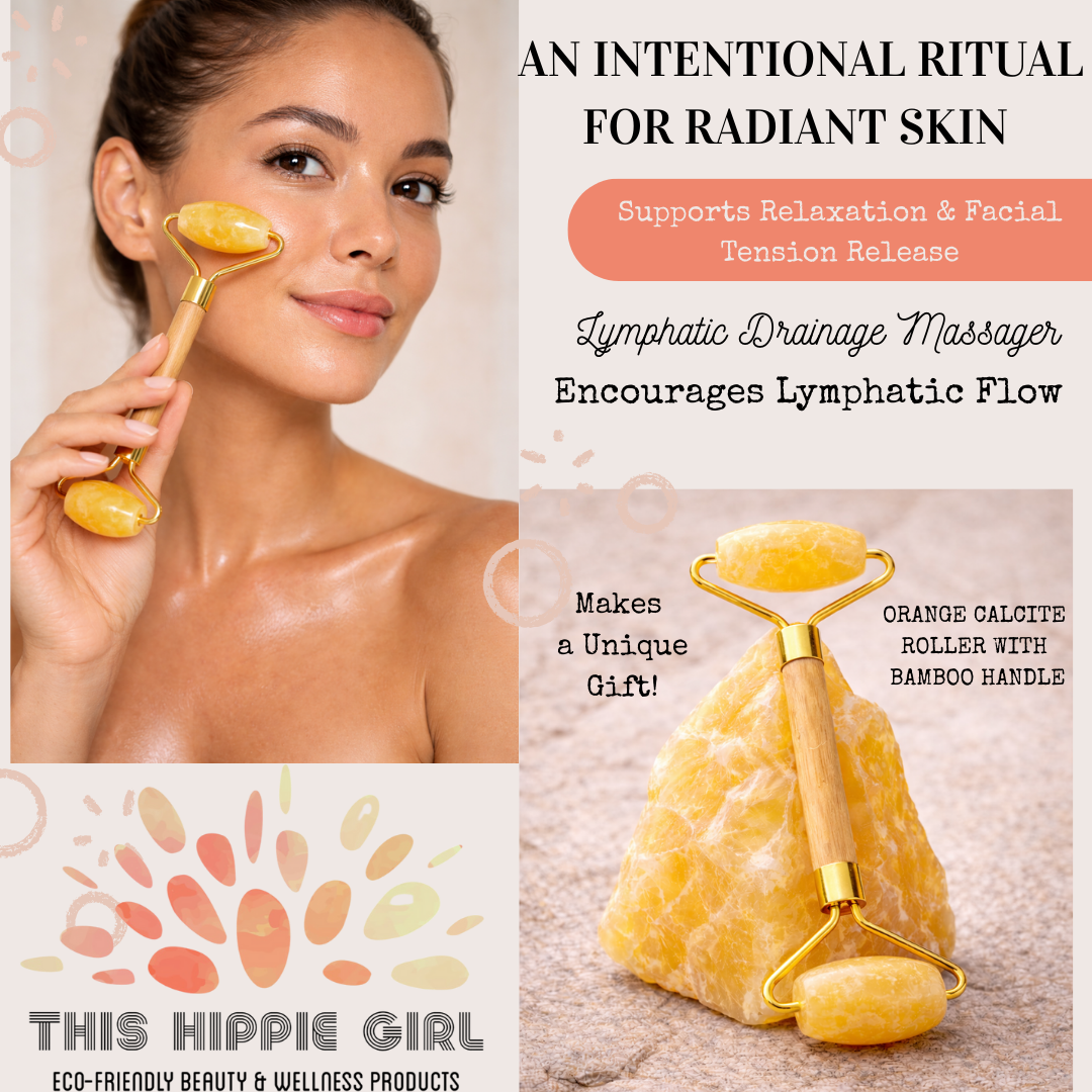 Orange Calcite Facial Roller – Bamboo Handle, Natural Stone Skincare