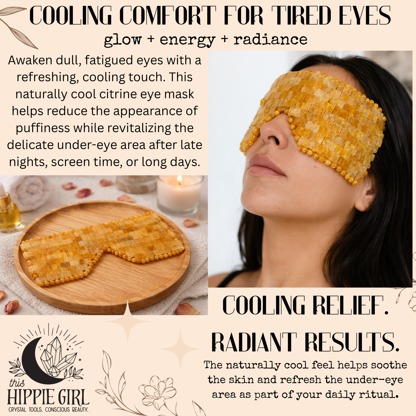 Golden Glow Citrine Eye Mask | Genuine Citrine Crystal Cooling Eye Mask | Spa Self Care Gift | Crystal Eye Pillow | Under Eye Relaxation