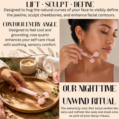 Rose Quartz Tension Ritual™ Roller – 3D Faceted Crystal Facial Massage Roller for Face & Neck, Lymphatic Drainage, Jawline Sculpting, Puffiness Relief, Rose Gold Alloy