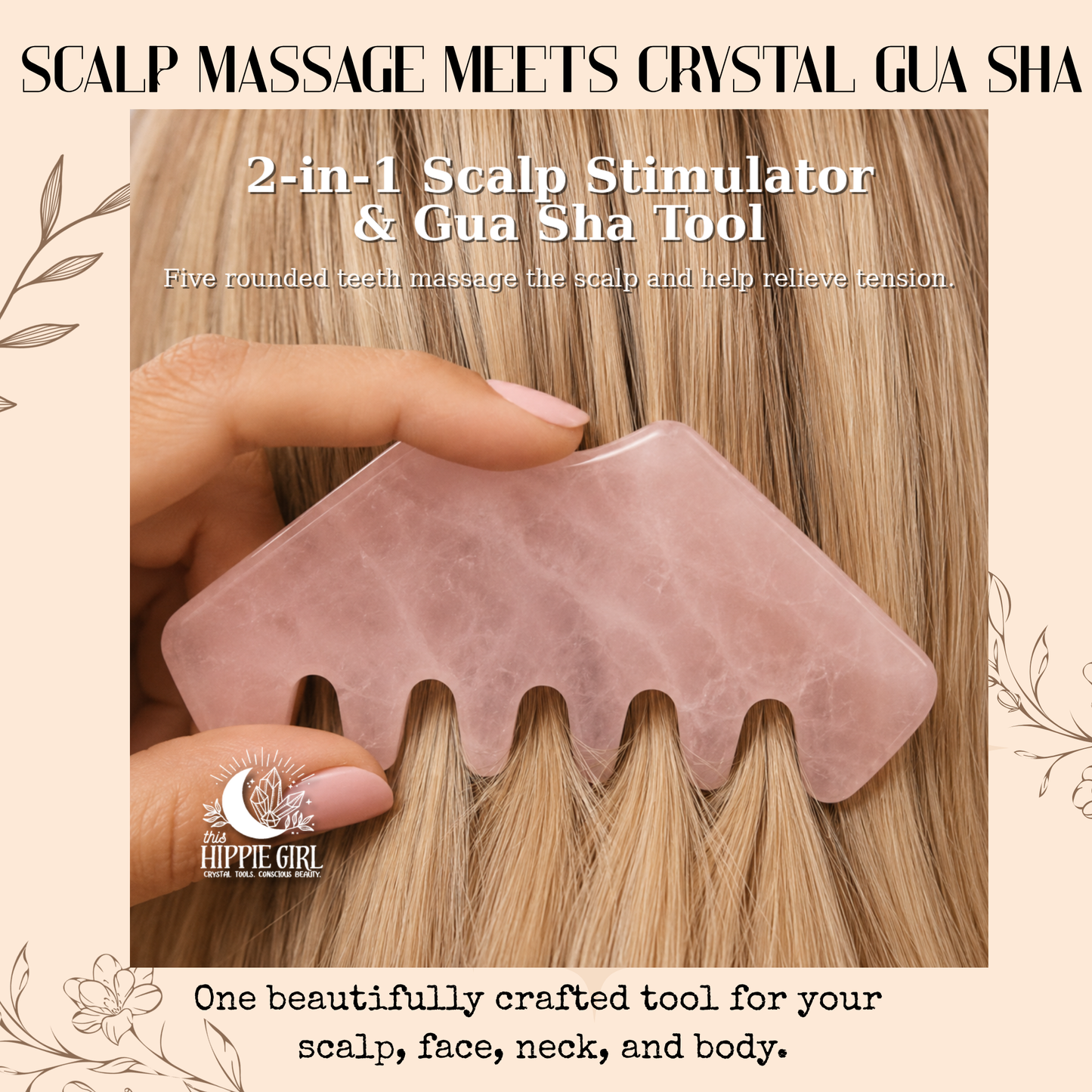 Rose Quartz Scalp Ritual™ Comb + Gua Sha – 2-in-1 Crystal Scalp Massager & Facial Gua Sha Tool for Scalp Massage, Facial Sculpting, Self-Care & Skincare Rituals
