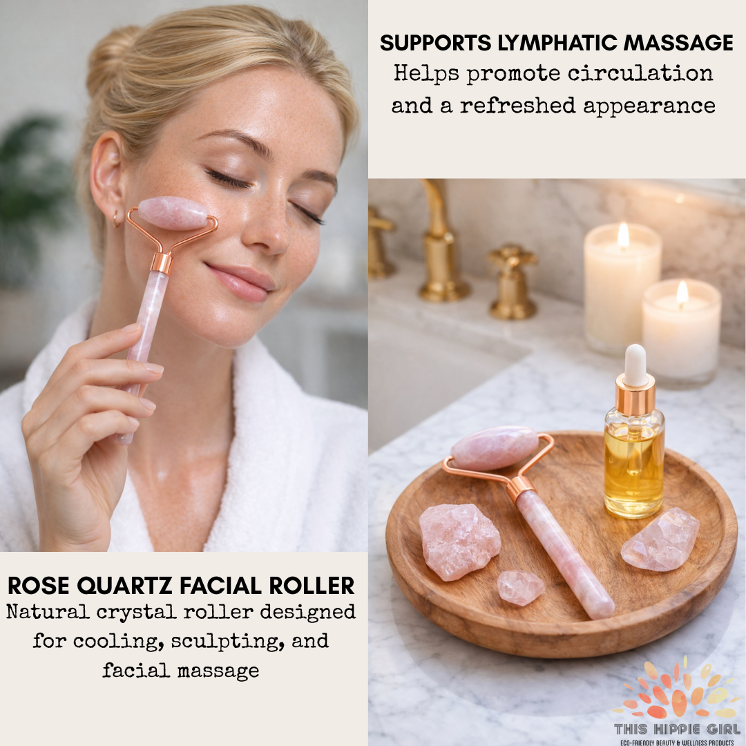 Rose Quartz Facial Roller – Cooling Depuffing Massage, Rose Gold