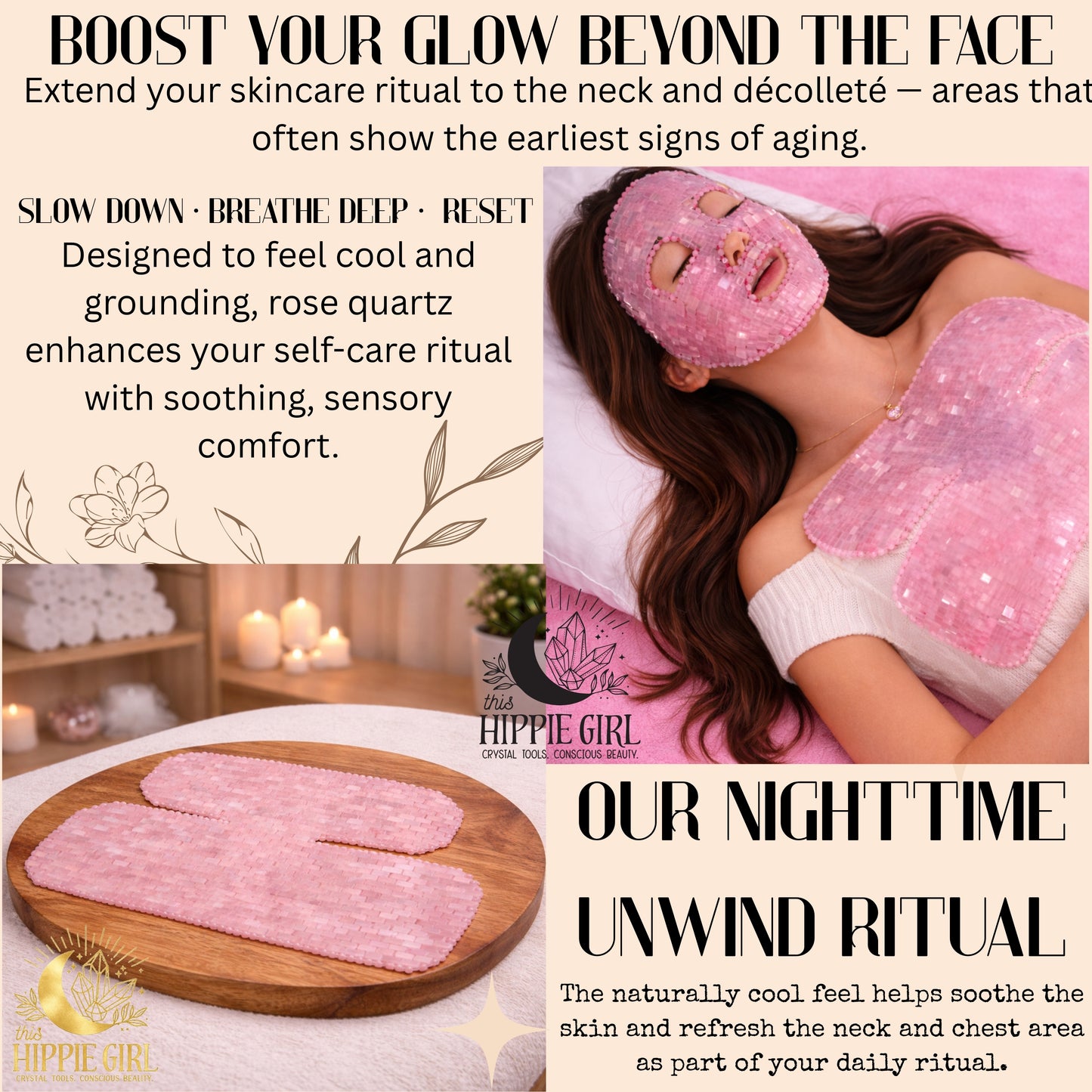 Blush Rose Ritual™ Rose Quartz Chest & Neck Mask | Crystal Décolleté Mask | Cooling Crystal Therapy | Self Care Ritual | This Hippie Girl