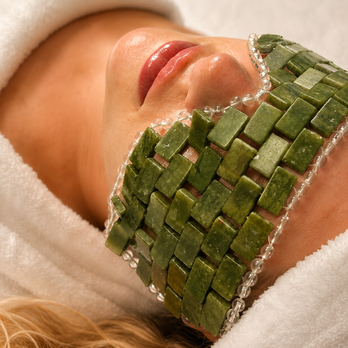 Terra Jade, Natural Jade Eye Mask – Cooling Crystal Eye Therapy for Puffiness & Dark Circles, New Glass Bead Boarder