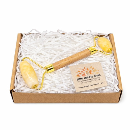 Orange Calcite Facial Roller – Bamboo Handle, Natural Stone Skincare
