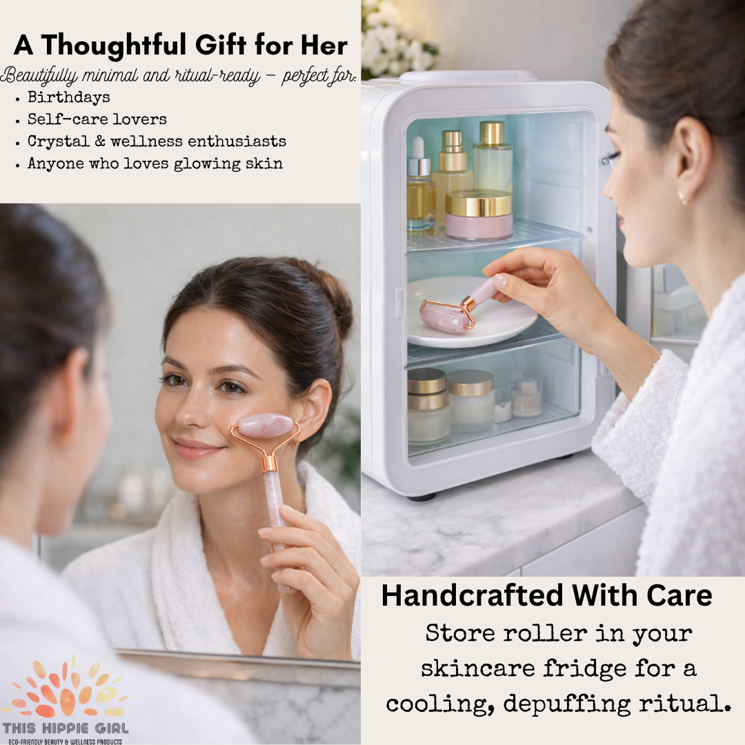 Rose Quartz Facial Roller – Cooling Depuffing Massage, Rose Gold