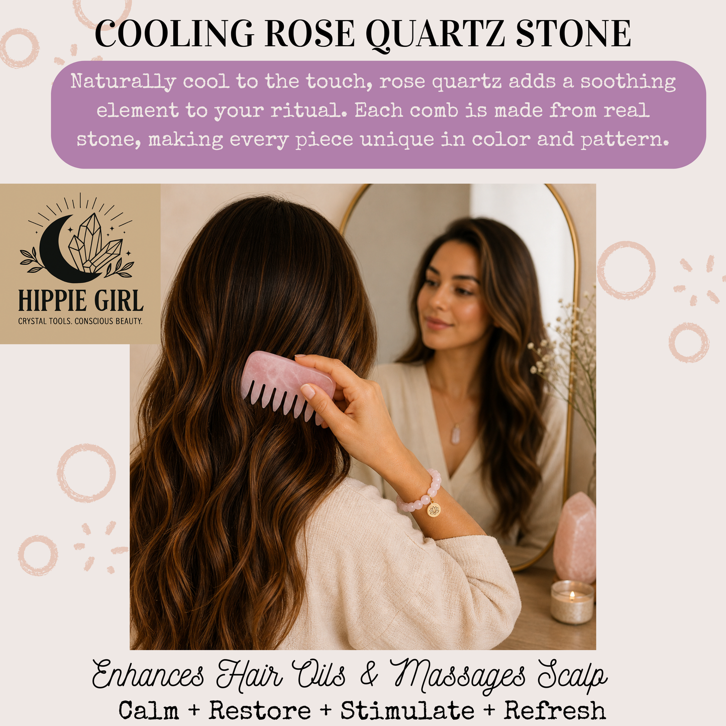 Crown Chakra Rose Quartz Comb | Crystal Scalp Massage Comb | Wide Tooth Detangling Comb | Rose Quartz Hair Comb | Self Care Hair Ritual Tool