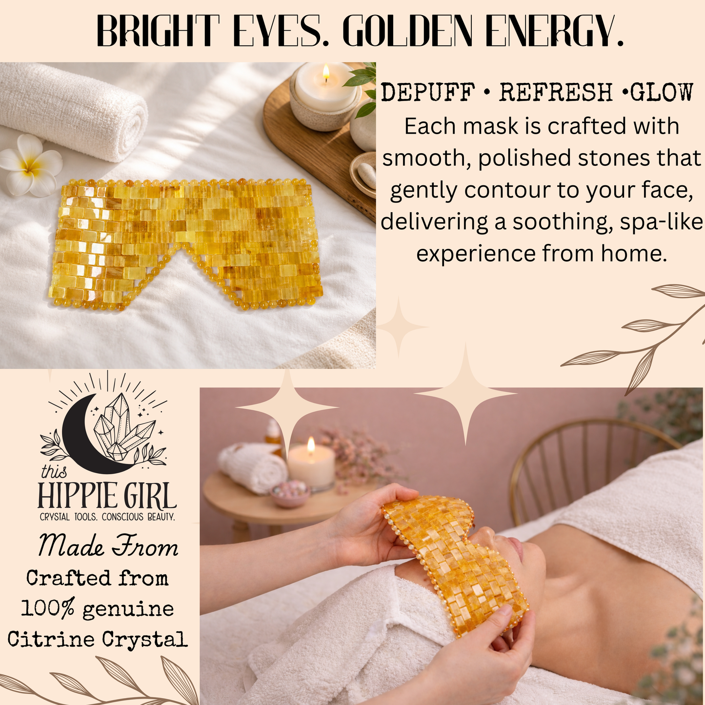 Golden Glow Citrine Eye Mask | Genuine Citrine Crystal Cooling Eye Mask | Spa Self Care Gift | Crystal Eye Pillow | Under Eye Relaxation