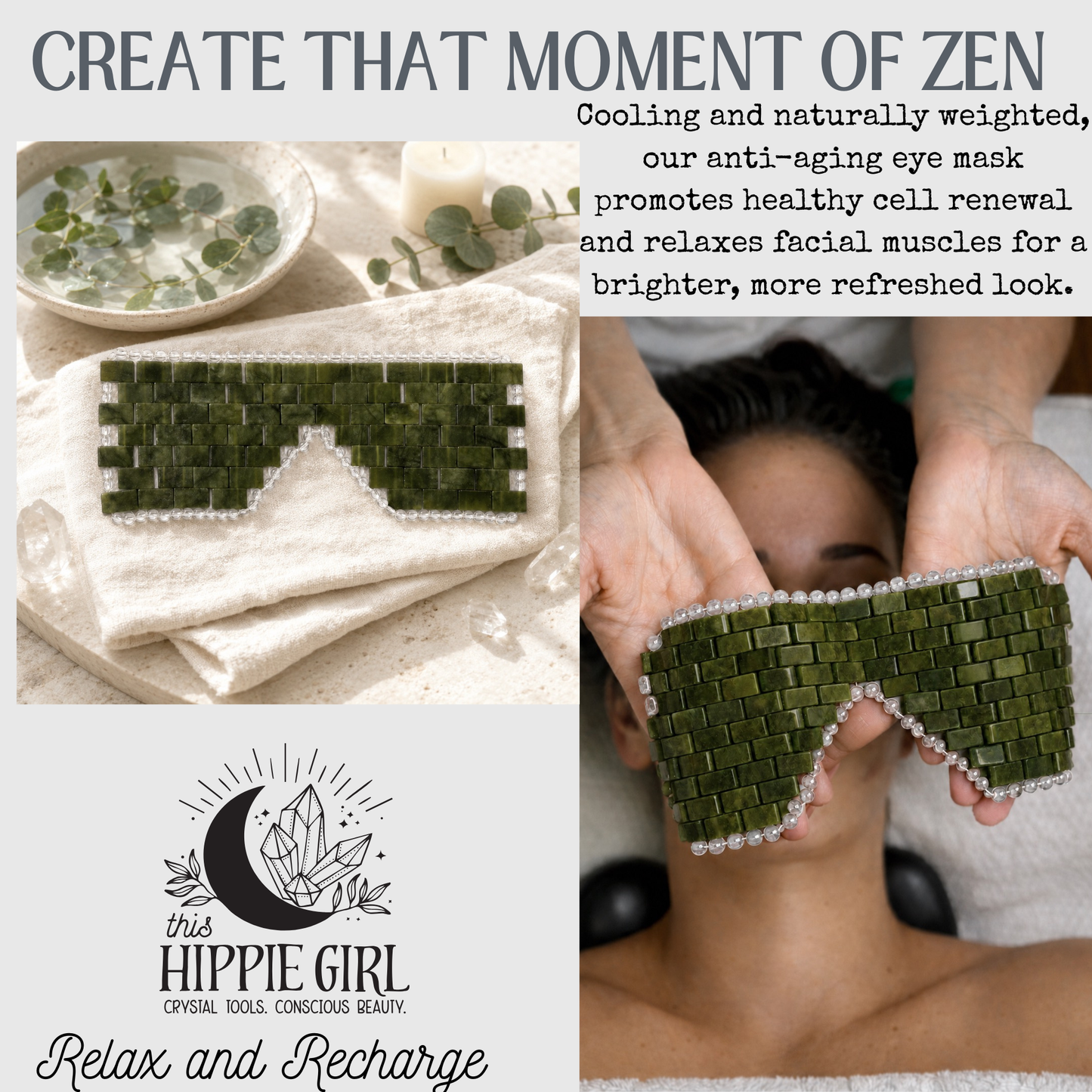 Terra Jade, Natural Jade Eye Mask – Cooling Crystal Eye Therapy for Puffiness & Dark Circles, New Glass Bead Boarder