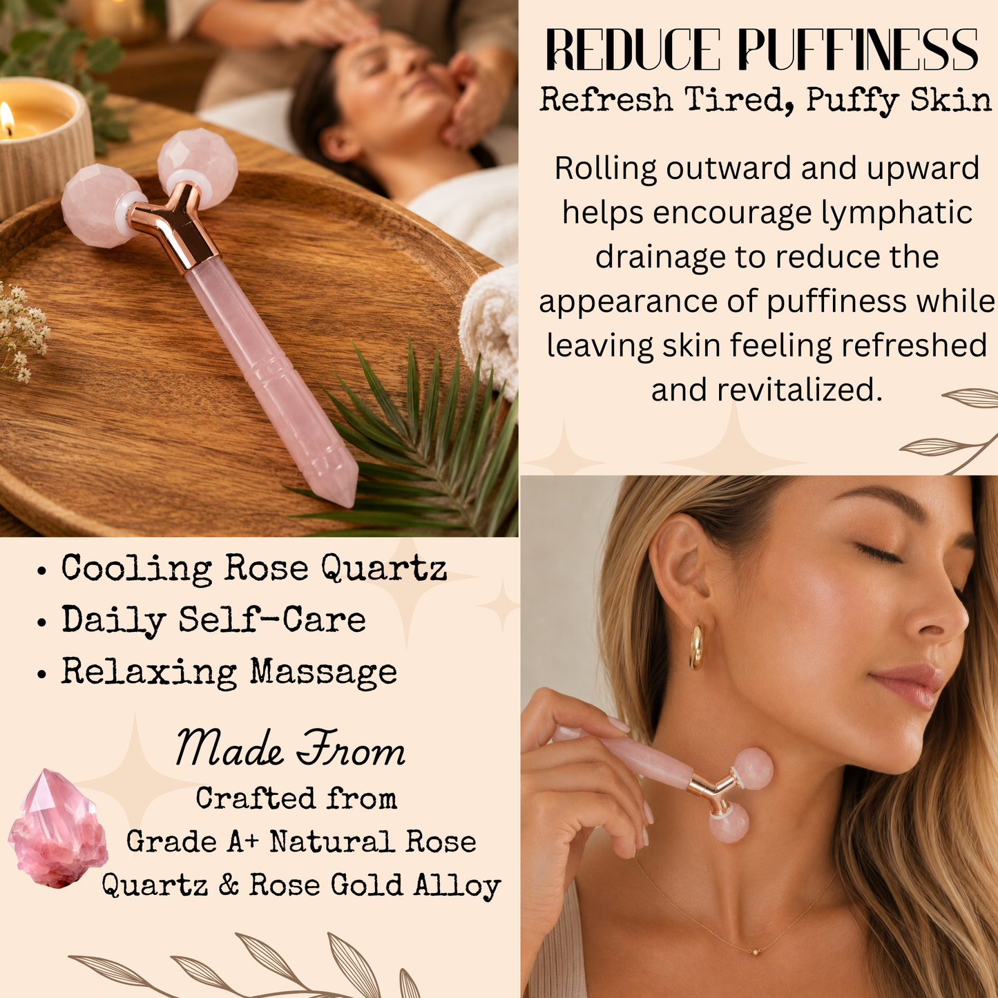 Rose Quartz Tension Ritual™ Roller – 3D Faceted Crystal Facial Massage Roller for Face & Neck, Lymphatic Drainage, Jawline Sculpting, Puffiness Relief, Rose Gold Alloy