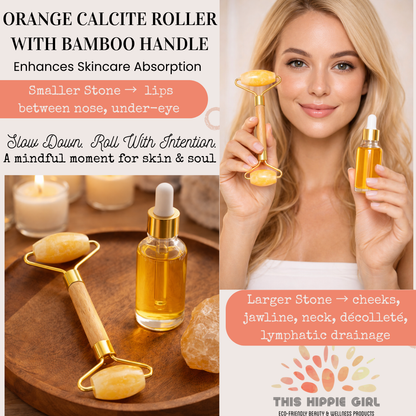 Orange Calcite Facial Roller – Bamboo Handle, Natural Stone Skincare