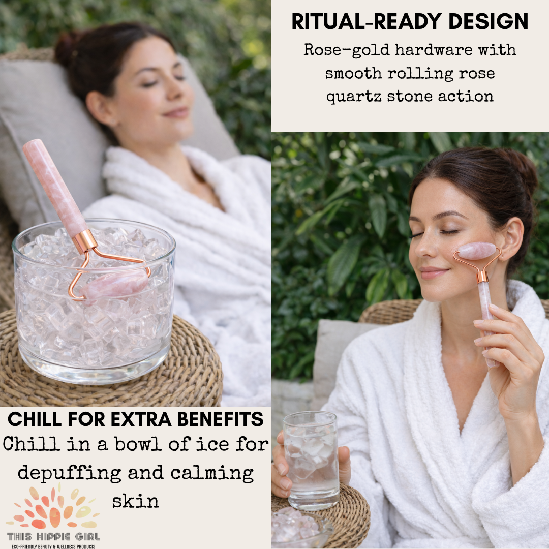 Rose Quartz Facial Roller – Cooling Depuffing Massage, Rose Gold