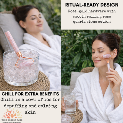 Rose Quartz Facial Roller – Cooling Depuffing Massage, Rose Gold
