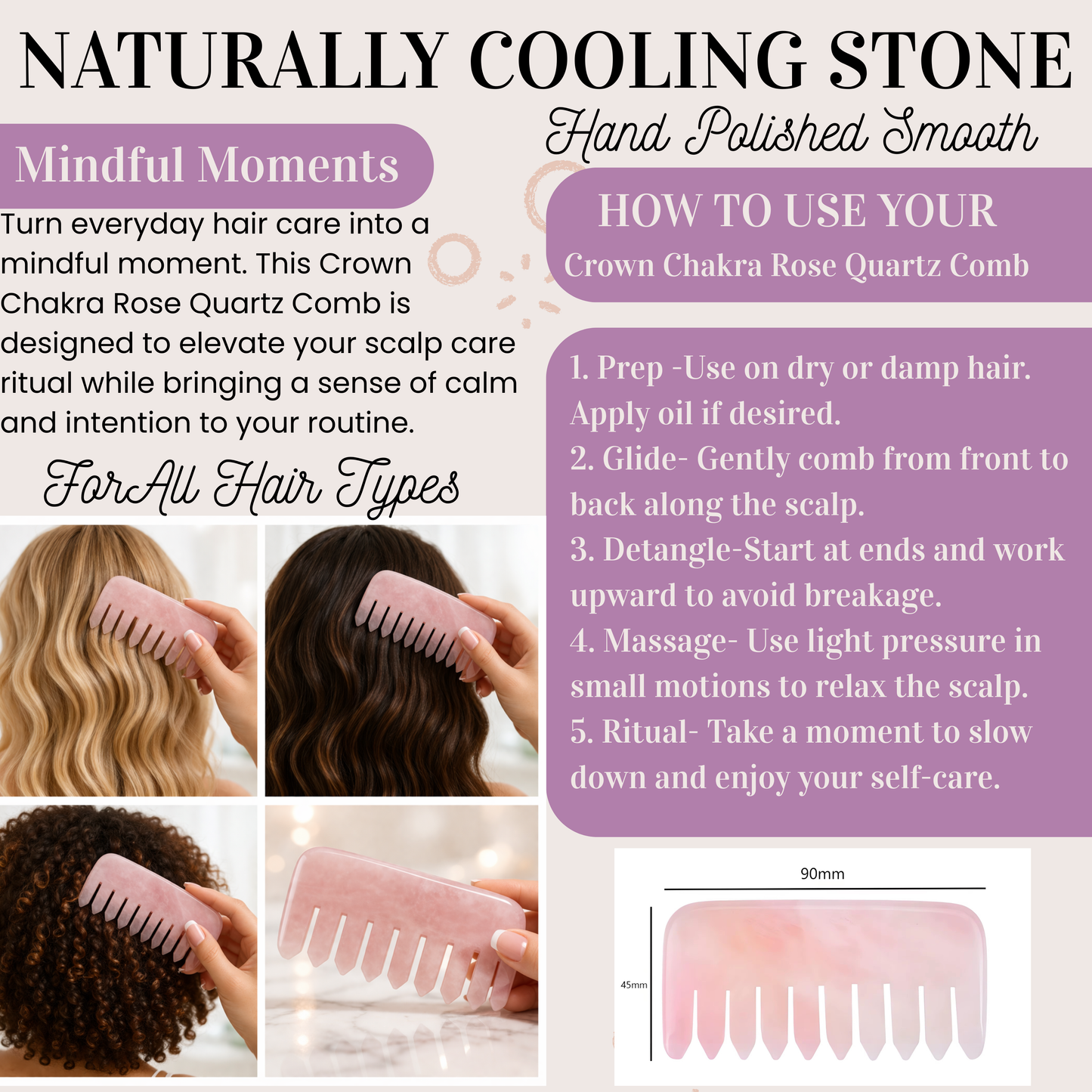 Crown Chakra Rose Quartz Comb | Crystal Scalp Massage Comb | Wide Tooth Detangling Comb | Rose Quartz Hair Comb | Self Care Hair Ritual Tool