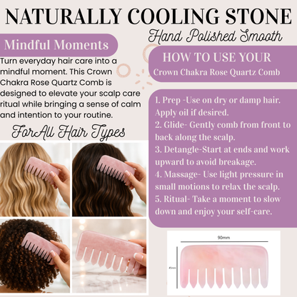 Crown Chakra Rose Quartz Comb | Crystal Scalp Massage Comb | Wide Tooth Detangling Comb | Rose Quartz Hair Comb | Self Care Hair Ritual Tool