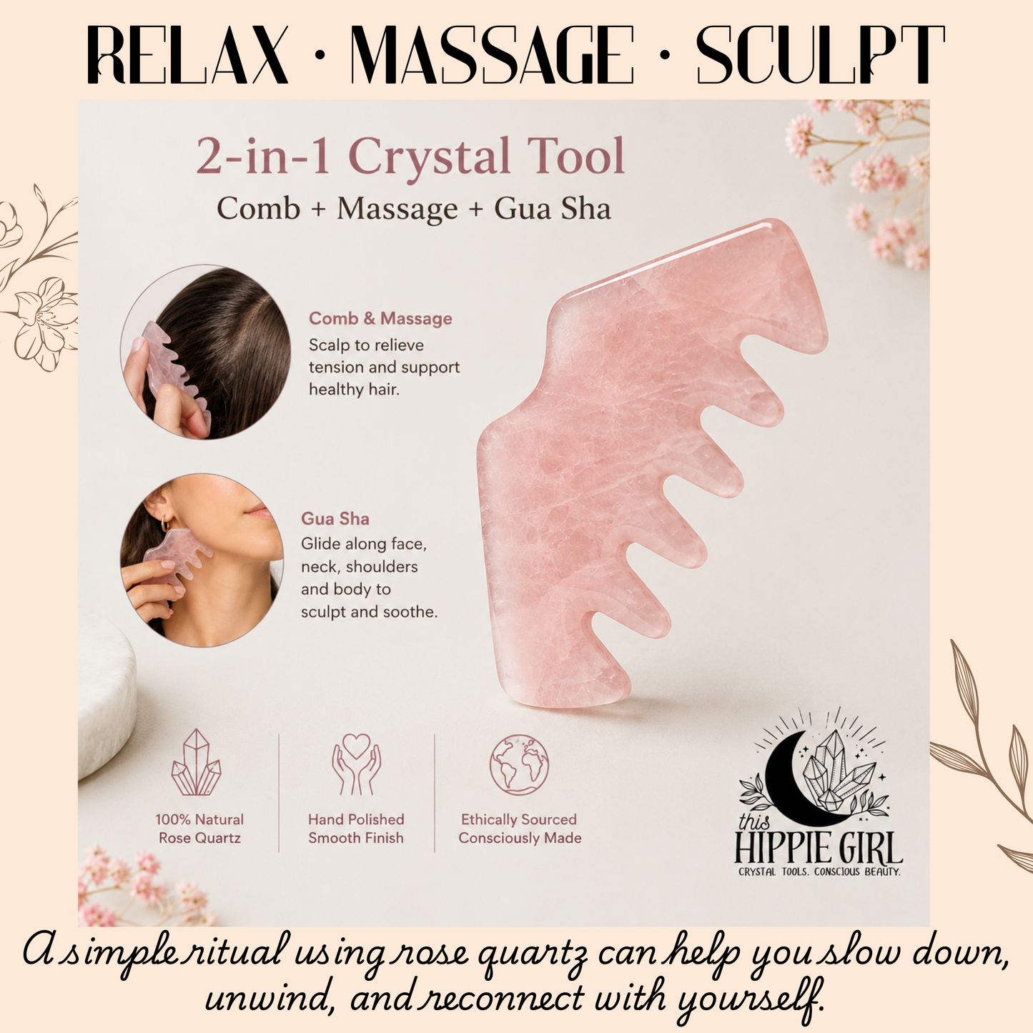 Rose Quartz Scalp Ritual™ Comb + Gua Sha – 2-in-1 Crystal Scalp Massager & Facial Gua Sha Tool for Scalp Massage, Facial Sculpting, Self-Care & Skincare Rituals