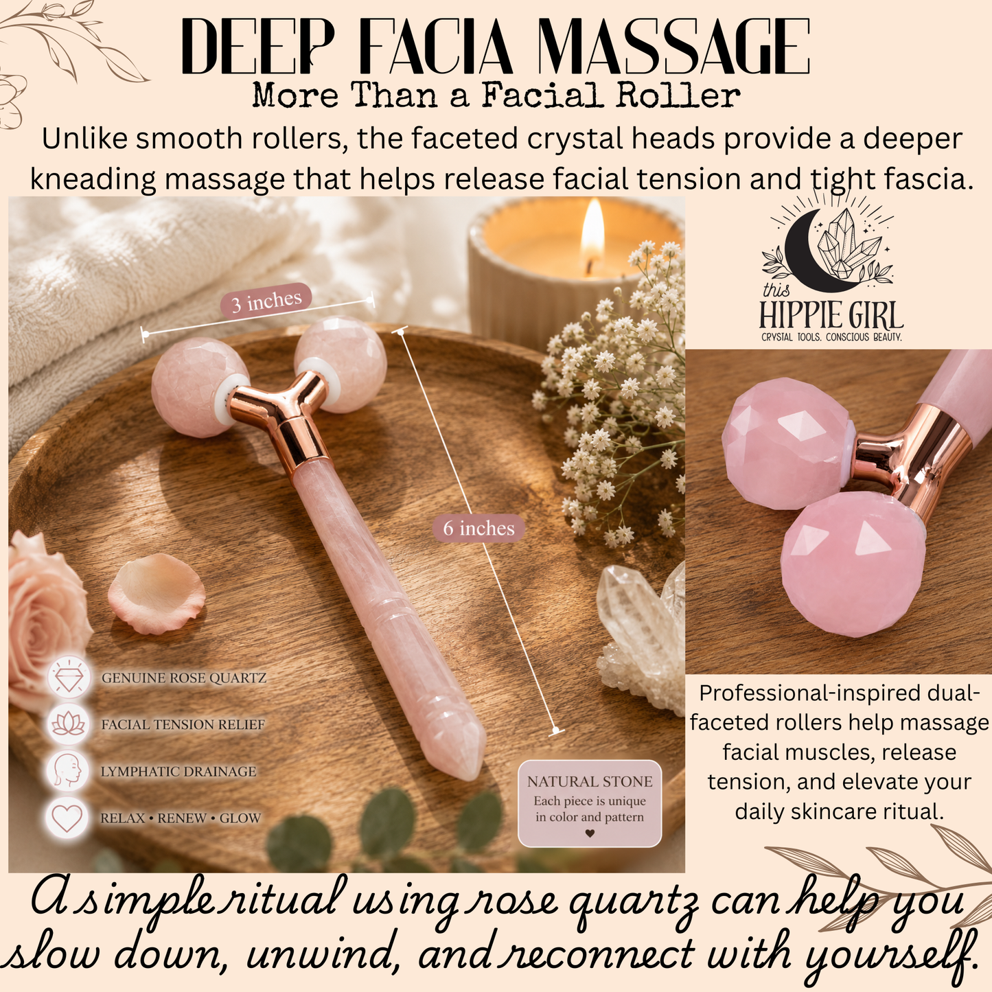 Rose Quartz Tension Ritual™ Roller – 3D Faceted Crystal Facial Massage Roller for Face & Neck, Lymphatic Drainage, Jawline Sculpting, Puffiness Relief, Rose Gold Alloy
