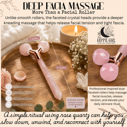 Rose Quartz Tension Ritual™ Roller – 3D Faceted Crystal Facial Massage Roller for Face & Neck, Lymphatic Drainage, Jawline Sculpting, Puffiness Relief, Rose Gold Alloy
