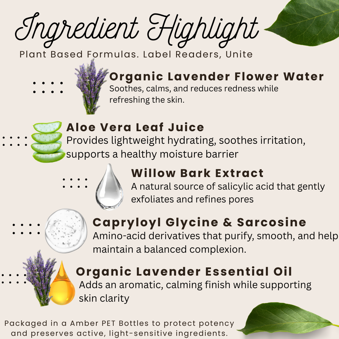 Lavender Calm Nutrient Toner  | Hydrosol-Based Facial Mist | Calm  •  Soothe  • Reset