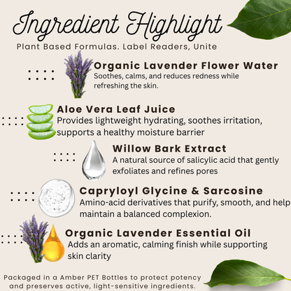 Lavender Calm Nutrient Toner  | Hydrosol-Based Facial Mist | Calm  •  Soothe  • Reset