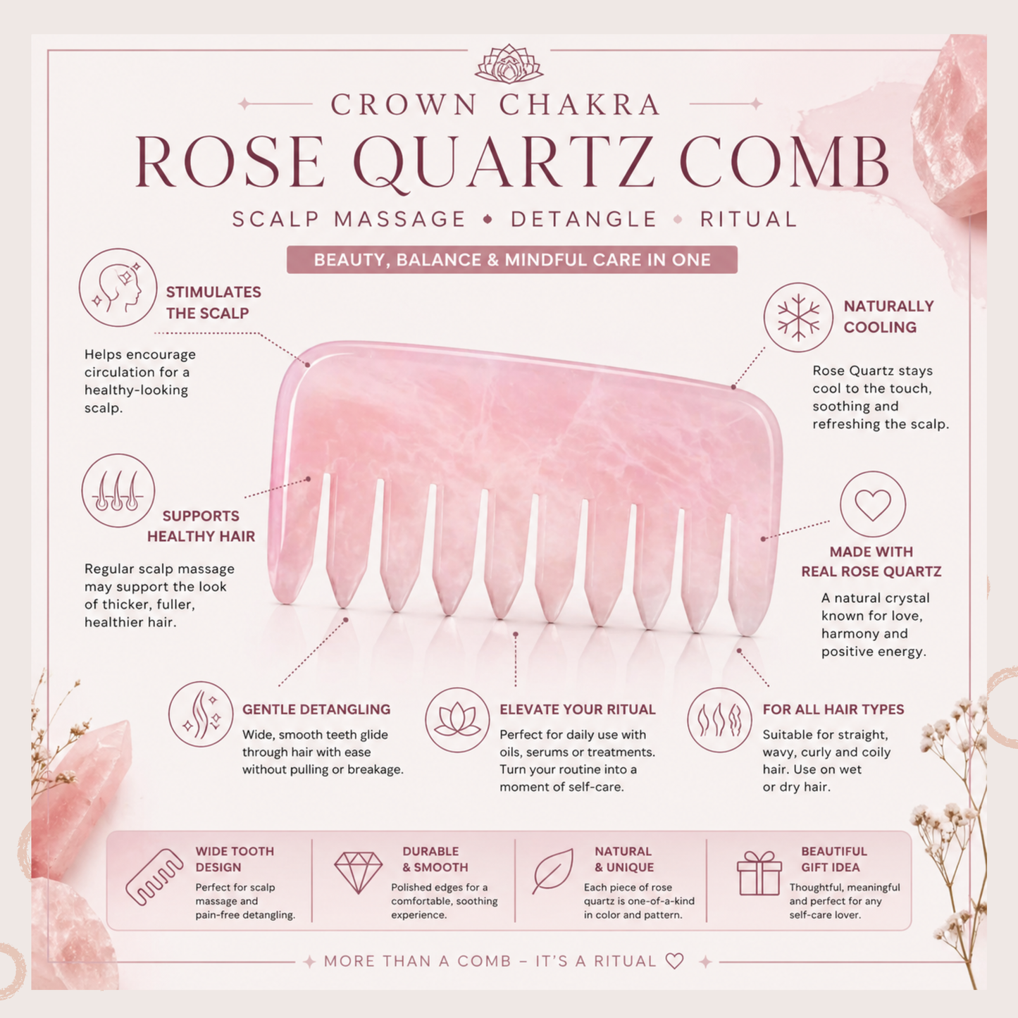 Crown Chakra Rose Quartz Comb | Crystal Scalp Massage Comb | Wide Tooth Detangling Comb | Rose Quartz Hair Comb | Self Care Hair Ritual Tool