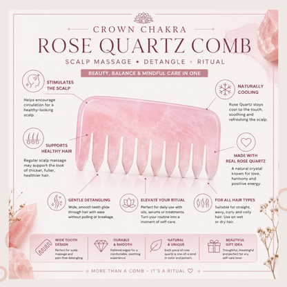 Crown Chakra Rose Quartz Comb | Crystal Scalp Massage Comb | Wide Tooth Detangling Comb | Rose Quartz Hair Comb | Self Care Hair Ritual Tool