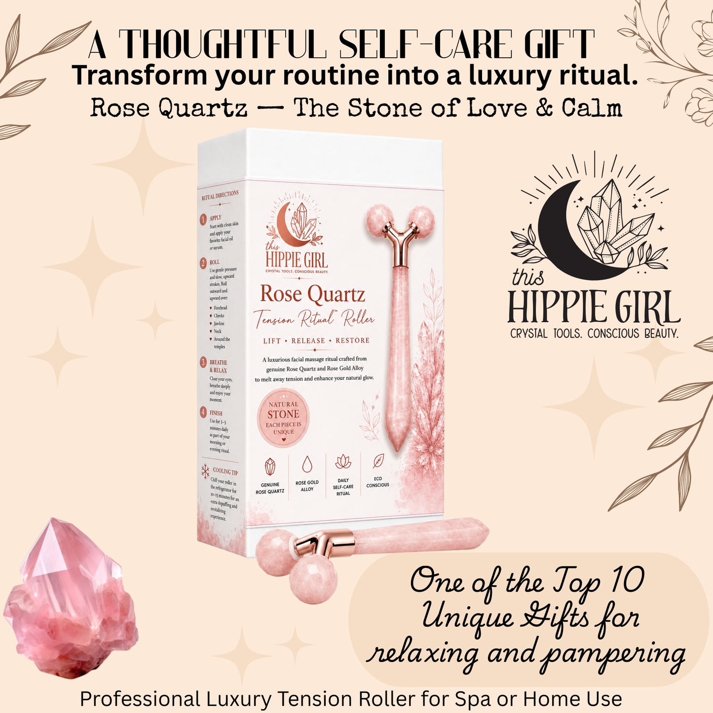 Rose Quartz Tension Ritual™ Roller – 3D Faceted Crystal Facial Massage Roller for Face & Neck, Lymphatic Drainage, Jawline Sculpting, Puffiness Relief, Rose Gold Alloy