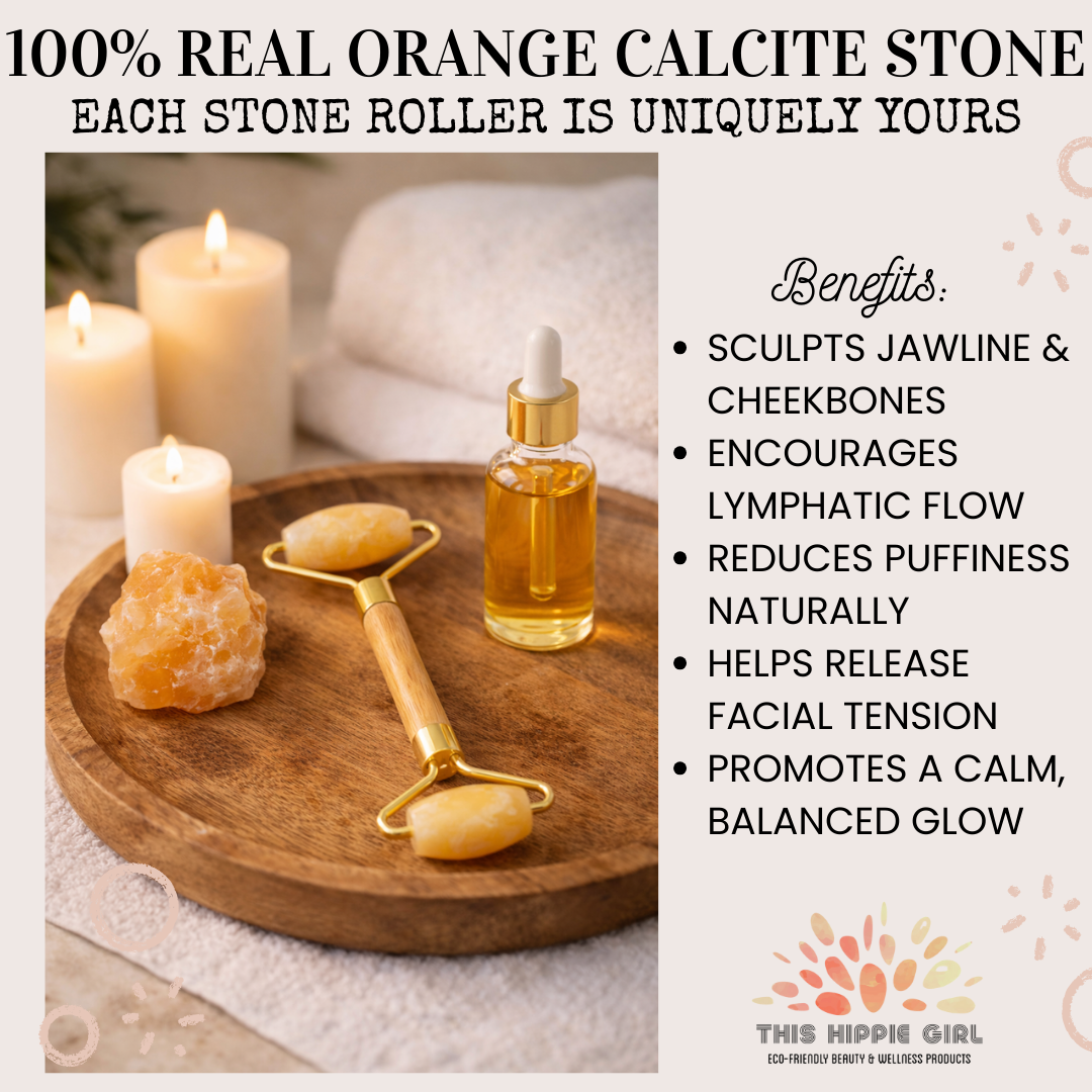 Orange Calcite Facial Roller – Bamboo Handle, Natural Stone Skincare