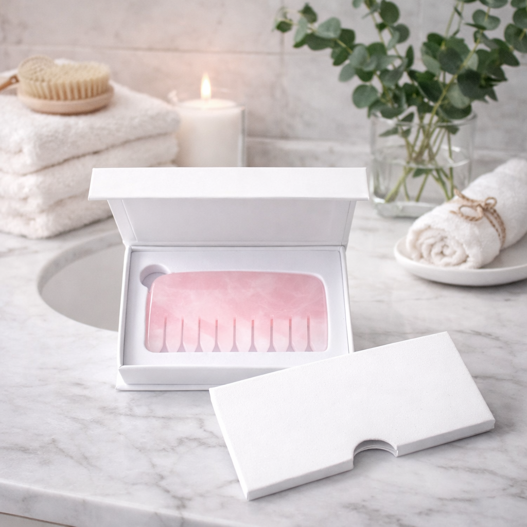 Crown Chakra Rose Quartz Comb | Crystal Scalp Massage Comb | Wide Tooth Detangling Comb | Rose Quartz Hair Comb | Self Care Hair Ritual Tool