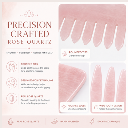 Crown Chakra Rose Quartz Comb | Crystal Scalp Massage Comb | Wide Tooth Detangling Comb | Rose Quartz Hair Comb | Self Care Hair Ritual Tool