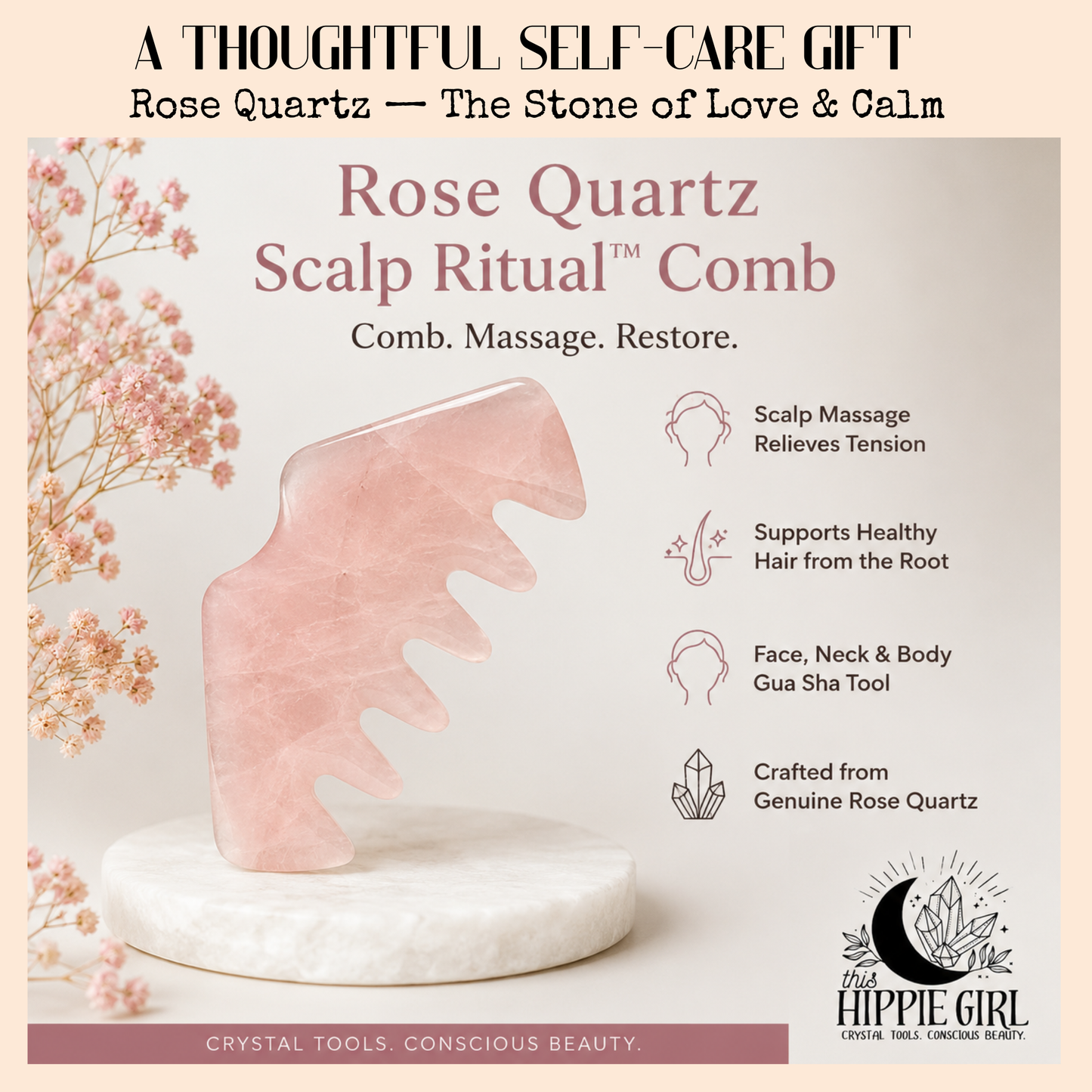 Rose Quartz Scalp Ritual™ Comb + Gua Sha – 2-in-1 Crystal Scalp Massager & Facial Gua Sha Tool for Scalp Massage, Facial Sculpting, Self-Care & Skincare Rituals