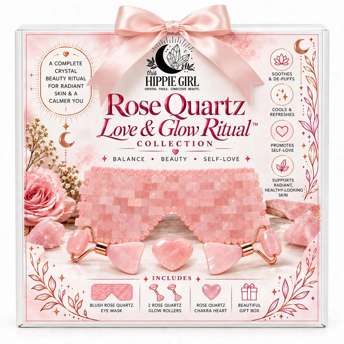 Rose Quartz Gift Set | Eye Mask, Facial Rollers & Chakra Heart