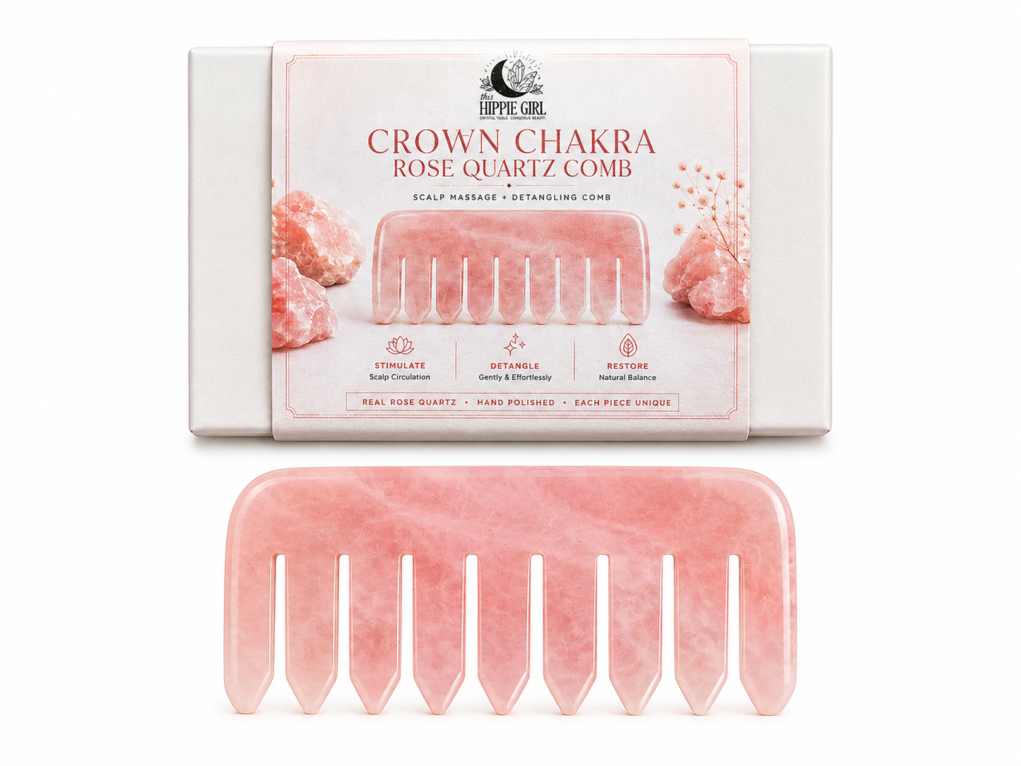 Crown Chakra Rose Quartz Comb | Crystal Scalp Massage Comb | Wide Tooth Detangling Comb | Rose Quartz Hair Comb | Self Care Hair Ritual Tool