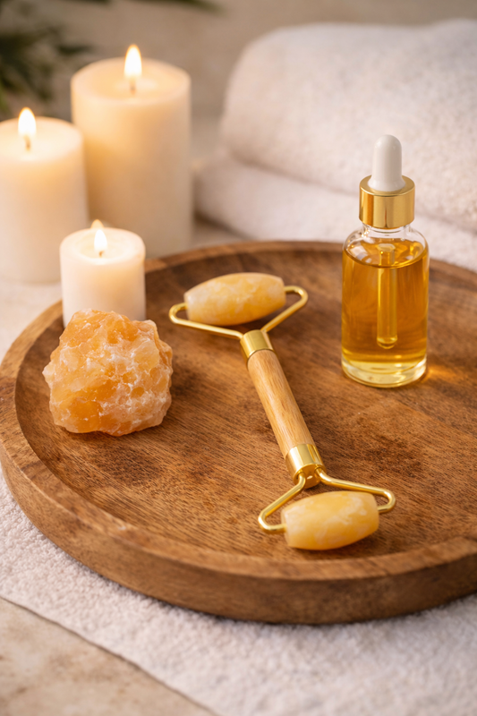 Orange Calcite Facial Roller – Bamboo Handle, Natural Stone Skincare