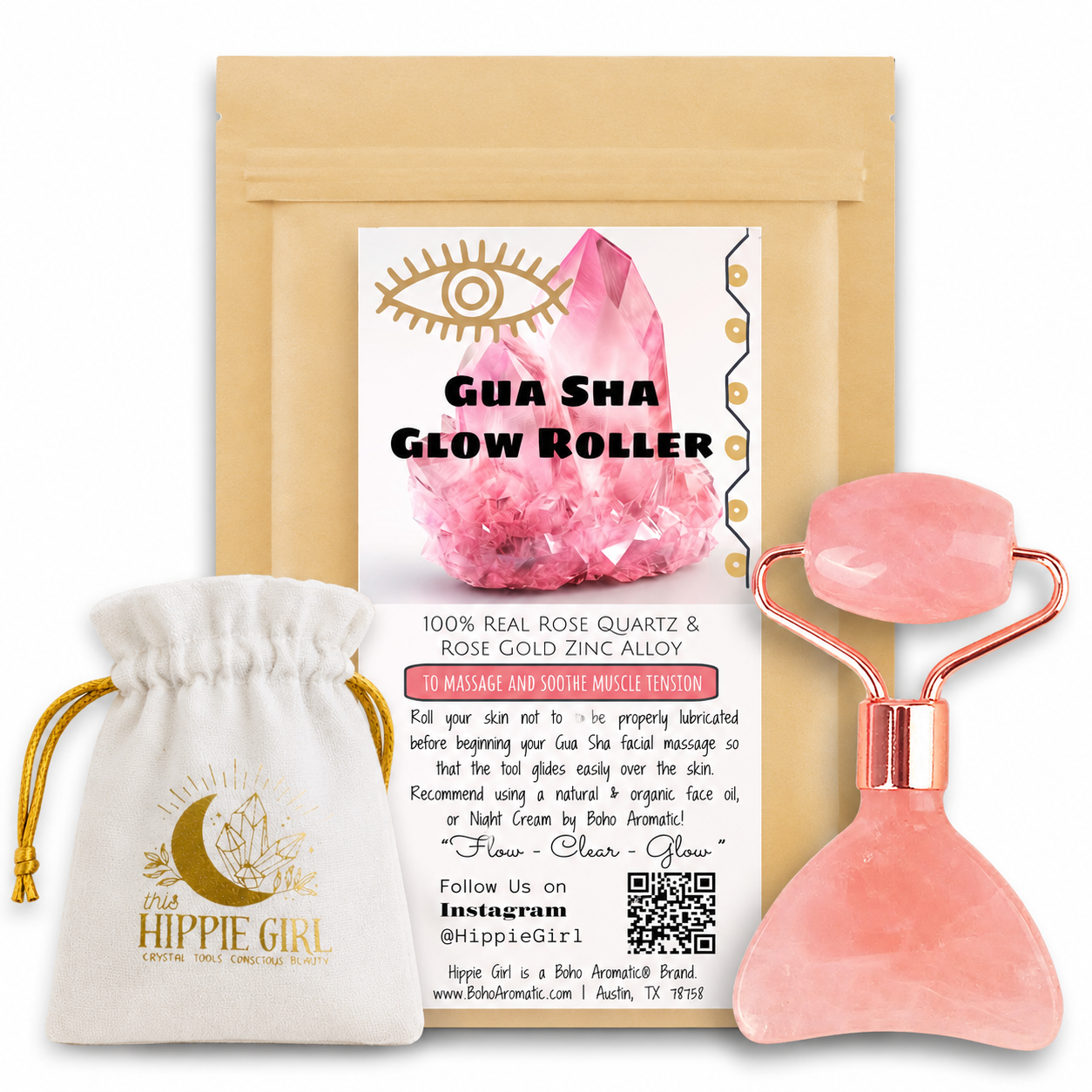 GUA SHA GLOW ROLLER - Travel Friendly, Rose Quartz and Rose Gold Roller & Scraper