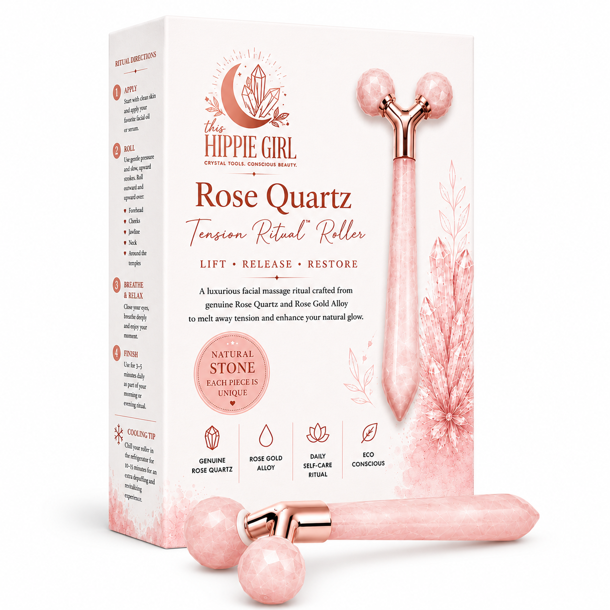 Rose Quartz Tension Ritual™ Roller – 3D Faceted Crystal Facial Massage Roller for Face & Neck, Lymphatic Drainage, Jawline Sculpting, Puffiness Relief, Rose Gold Alloy