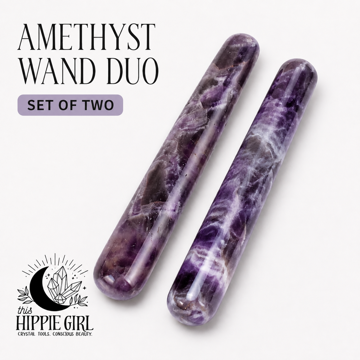 Amethyst Massage Wand Duo, Set of 2 Crystal Facial Massage Tools, Self Care Gift