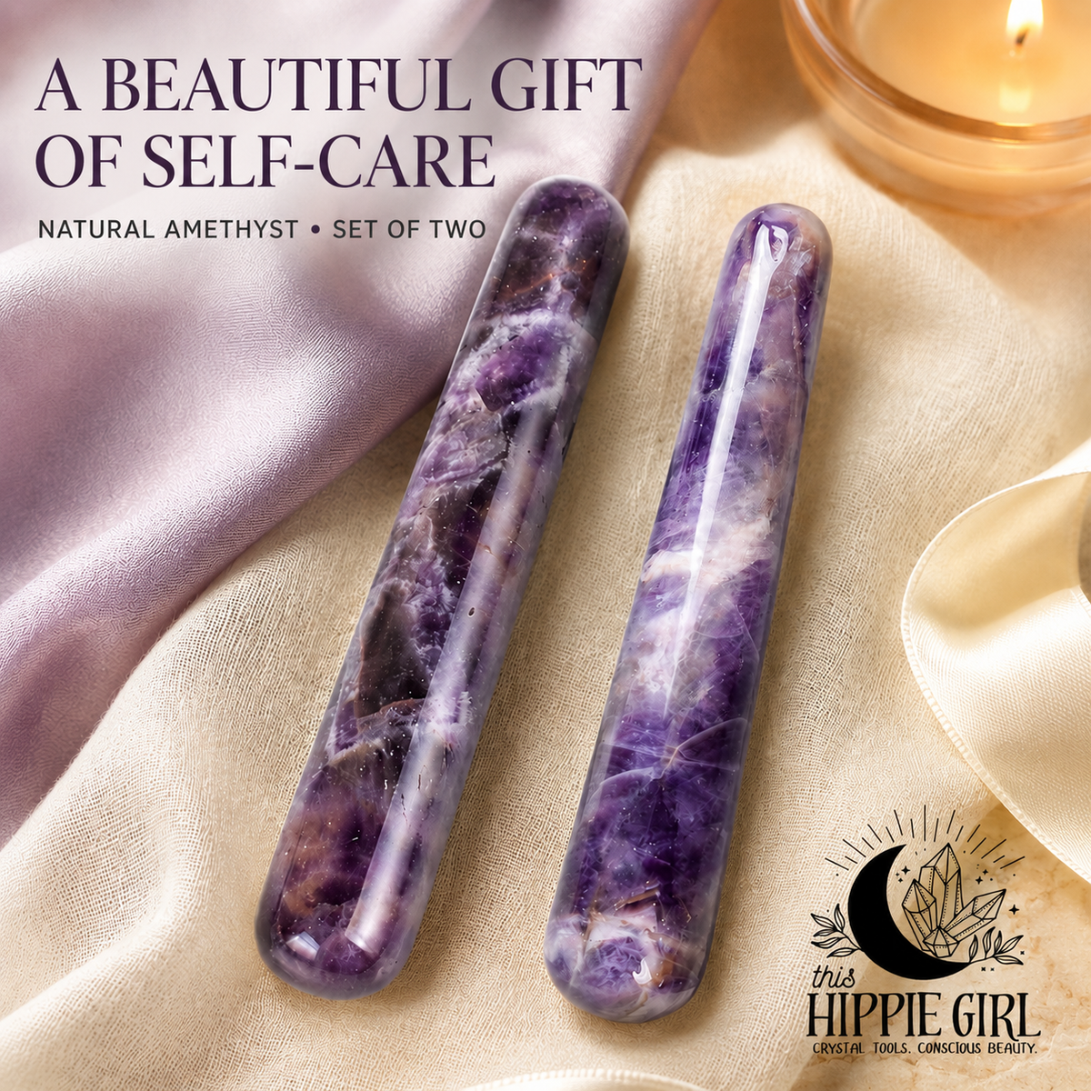 Amethyst Massage Wand Duo, Set of 2 Crystal Facial Massage Tools, Self Care Gift