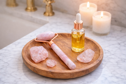 Rose Quartz Facial Roller – Cooling Depuffing Massage, Rose Gold