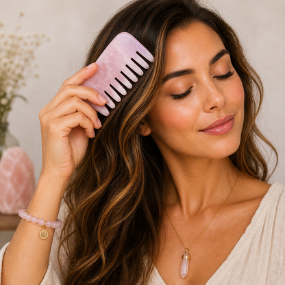 Crown Chakra Rose Quartz Comb | Crystal Scalp Massage Comb | Wide Tooth Detangling Comb | Rose Quartz Hair Comb | Self Care Hair Ritual Tool