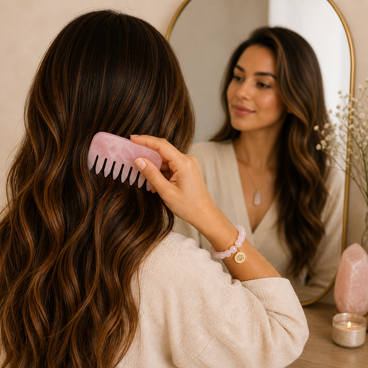 Crown Chakra Rose Quartz Comb | Crystal Scalp Massage Comb | Wide Tooth Detangling Comb | Rose Quartz Hair Comb | Self Care Hair Ritual Tool