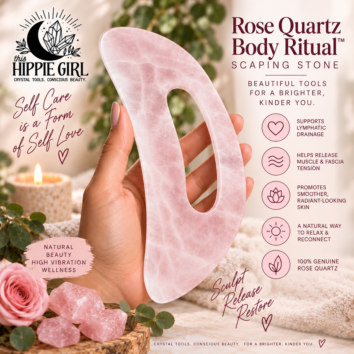 Rose Quartz Body Gua Sha Scraping Stone | This Hippie Girl