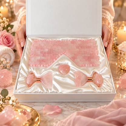Rose Quartz Gift Set | Eye Mask, Facial Rollers & Chakra Heart