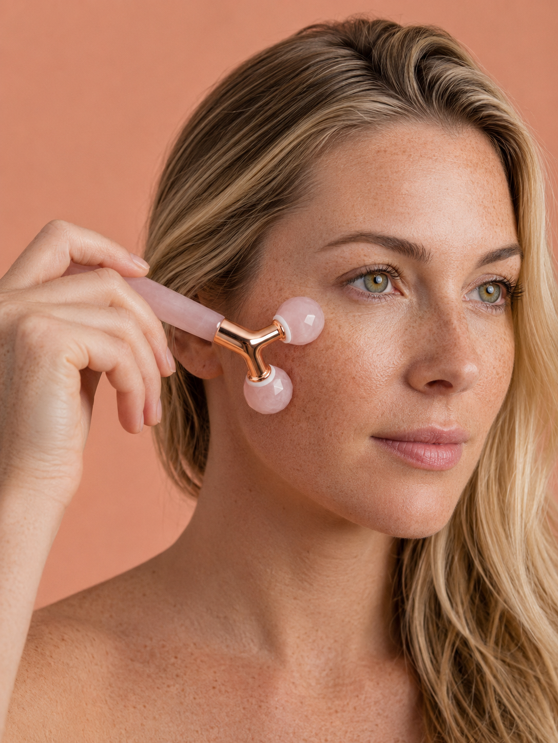 Rose Quartz Tension Ritual™ Roller – 3D Faceted Crystal Facial Massage Roller for Face & Neck, Lymphatic Drainage, Jawline Sculpting, Puffiness Relief, Rose Gold Alloy