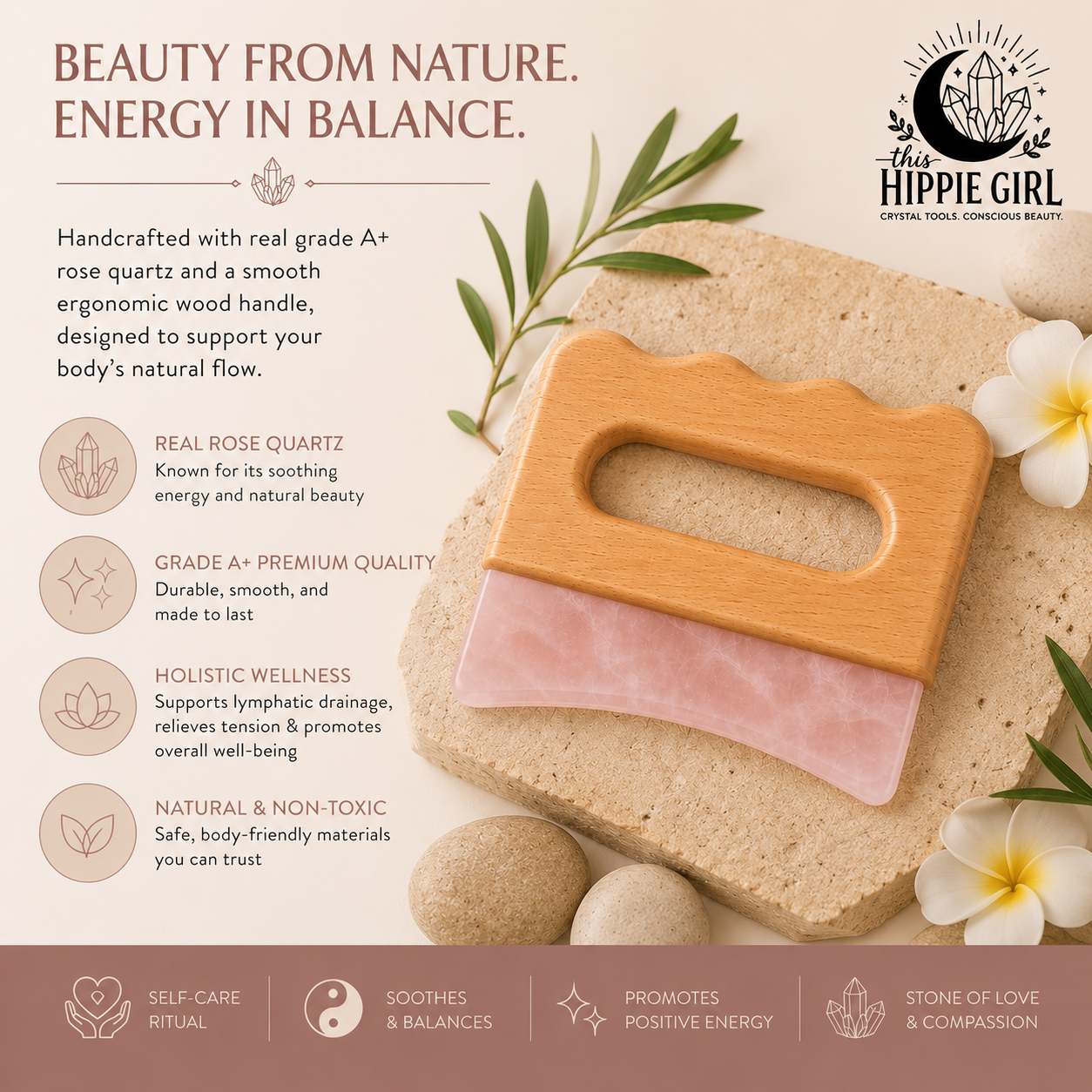 Rose Quartz Body Gua Sha Tool | Crystal Body Sculpting Massage | Lymphatic Drainage Tool | Natural Skincare Ritual | Self Care Gift for Her