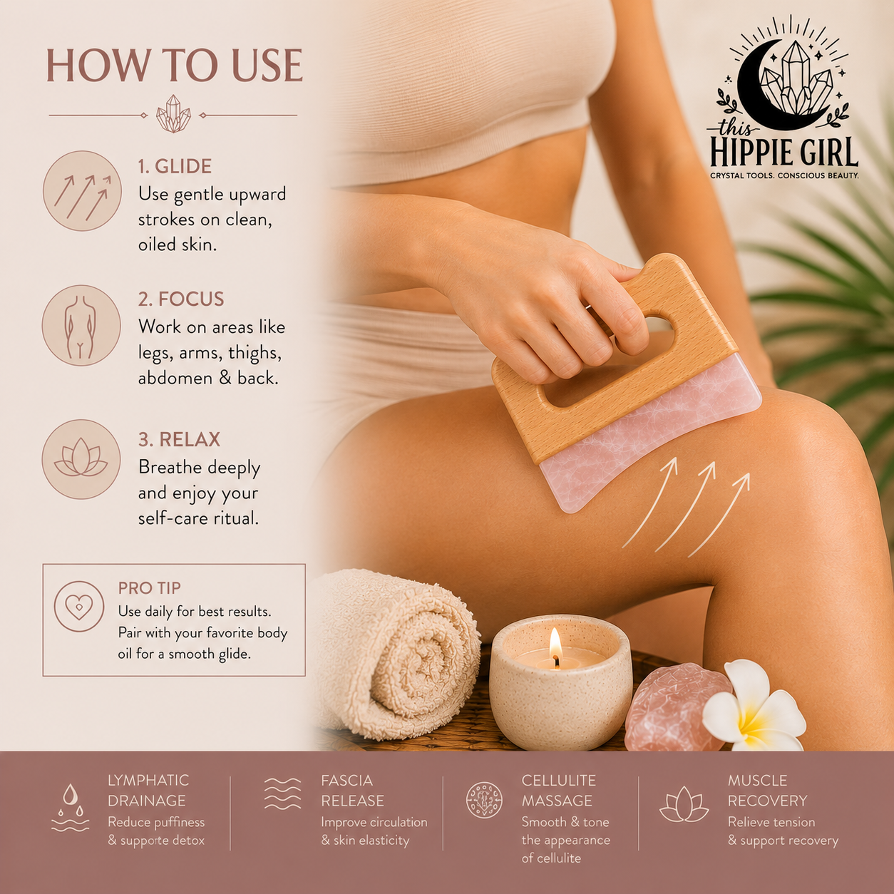 Rose Quartz Body Gua Sha Tool | Crystal Body Sculpting Massage | Lymphatic Drainage Tool | Natural Skincare Ritual | Self Care Gift for Her